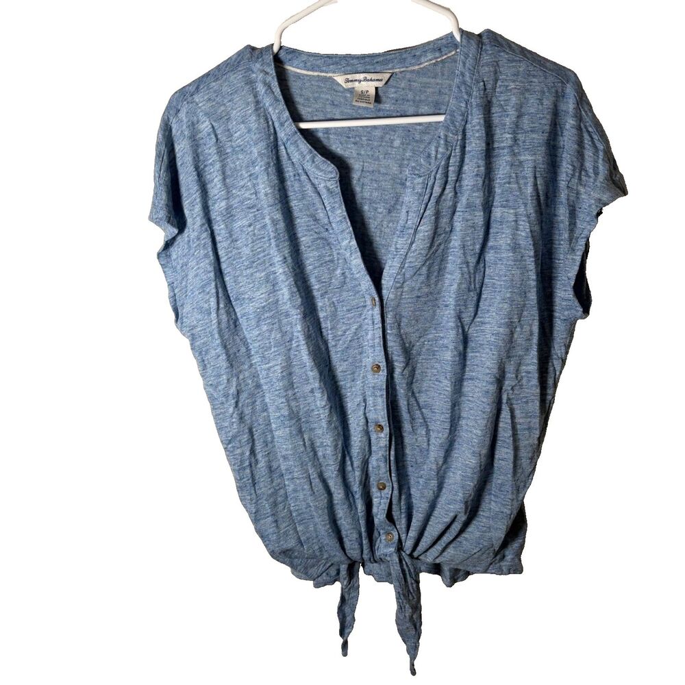 Tommy Bahama Shirt Women's Small 100% Linen Button Up Tie Short Sleeve Top